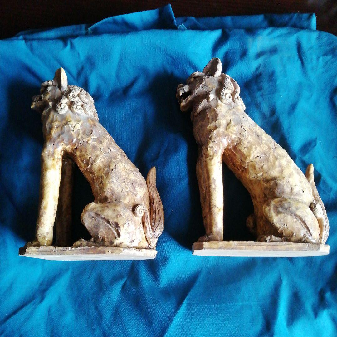 瀬戸焼　黄瀬戸狛犬　25cm　江戸初期～後期