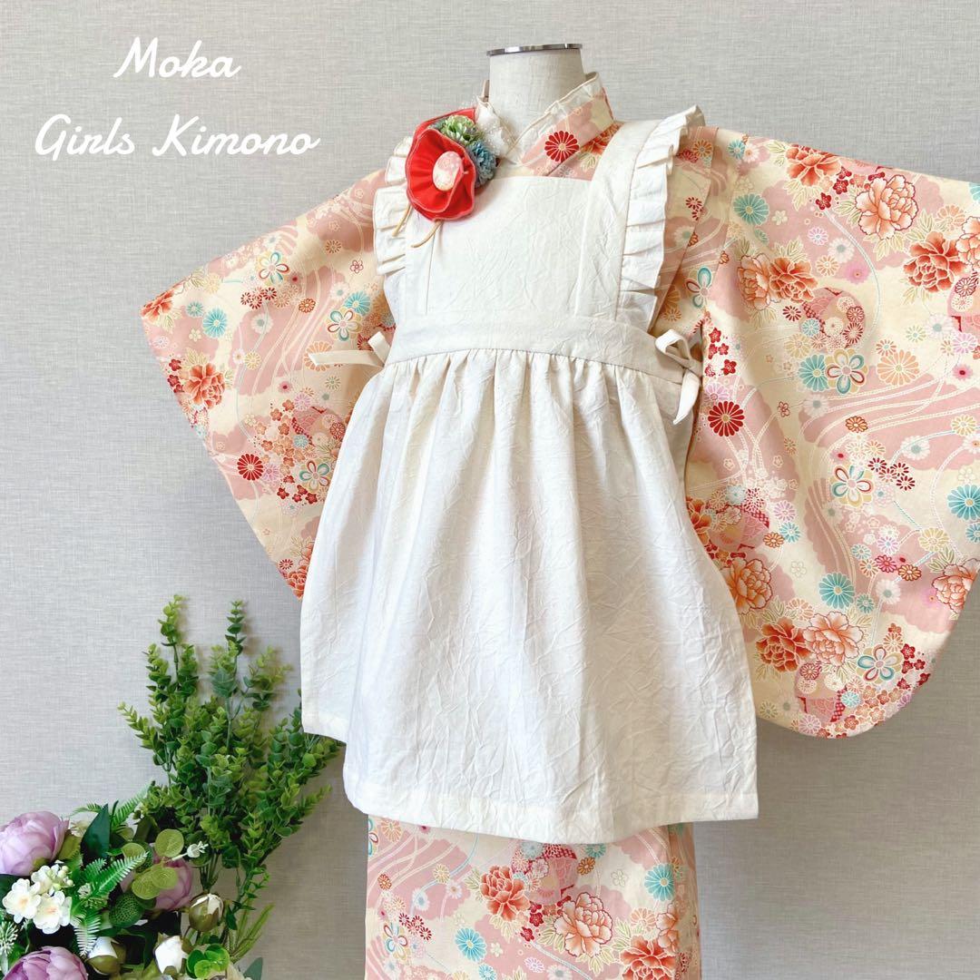 【JAM】七五三 着物＆被布エプロンセット 朱色和柄×生成り／ハンドメイド