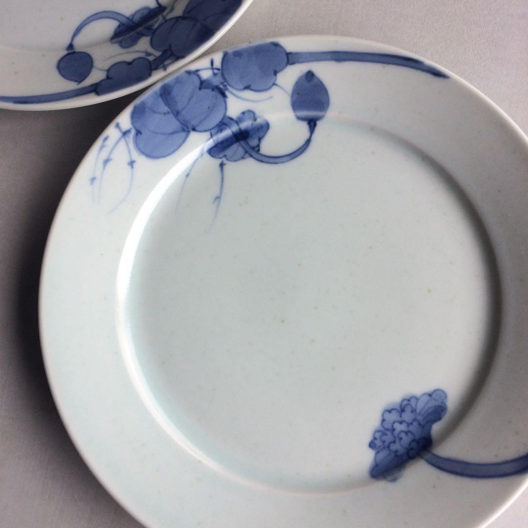 有田焼 手描き染付花絵絵リム皿2枚 TS0922