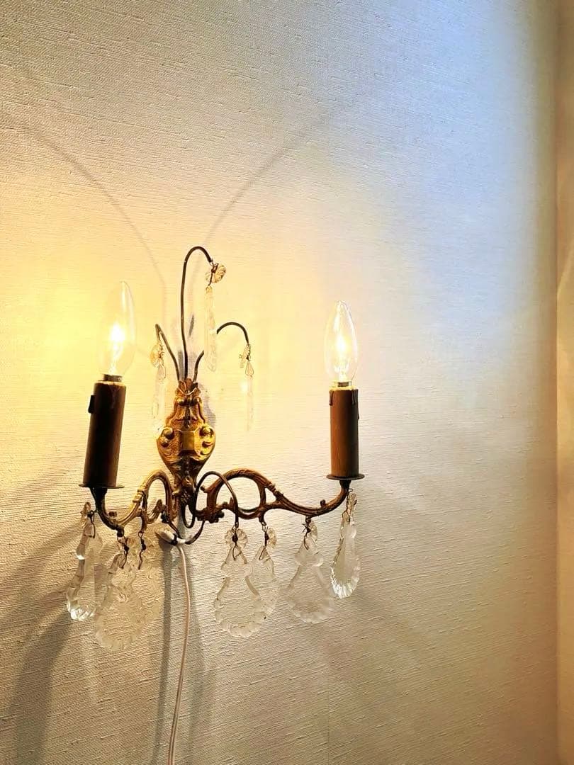 【美品】フランスアンティーク クリスタルドロップ 2灯ブラケット[2409]