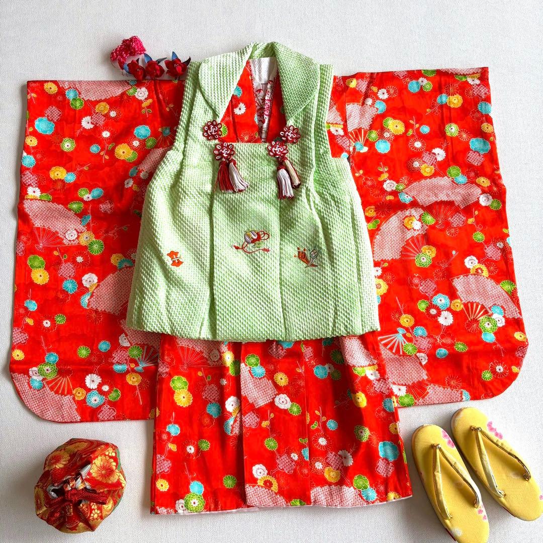 セット　七五三　３歳女の子　比翼仕立きもの　しぼり被布　オレンジ花柄　7051