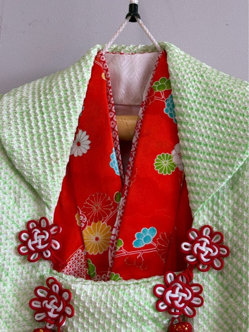 セット　七五三　３歳女の子　比翼仕立きもの　しぼり被布　オレンジ花柄　7051