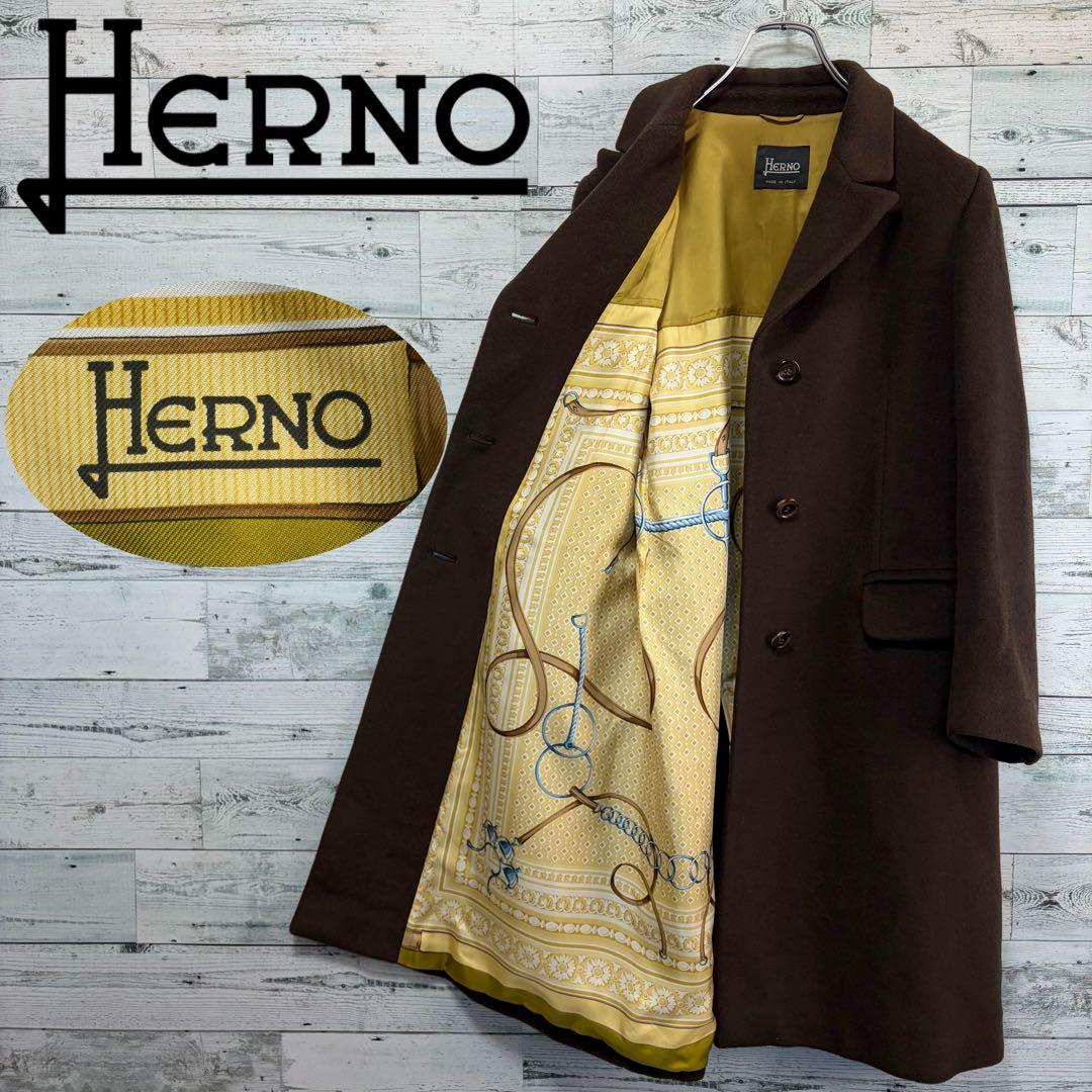 ☆大きいサイズ・XL☆チェスターコート　裏地総柄　羊毛&カシミヤ　ブラウン