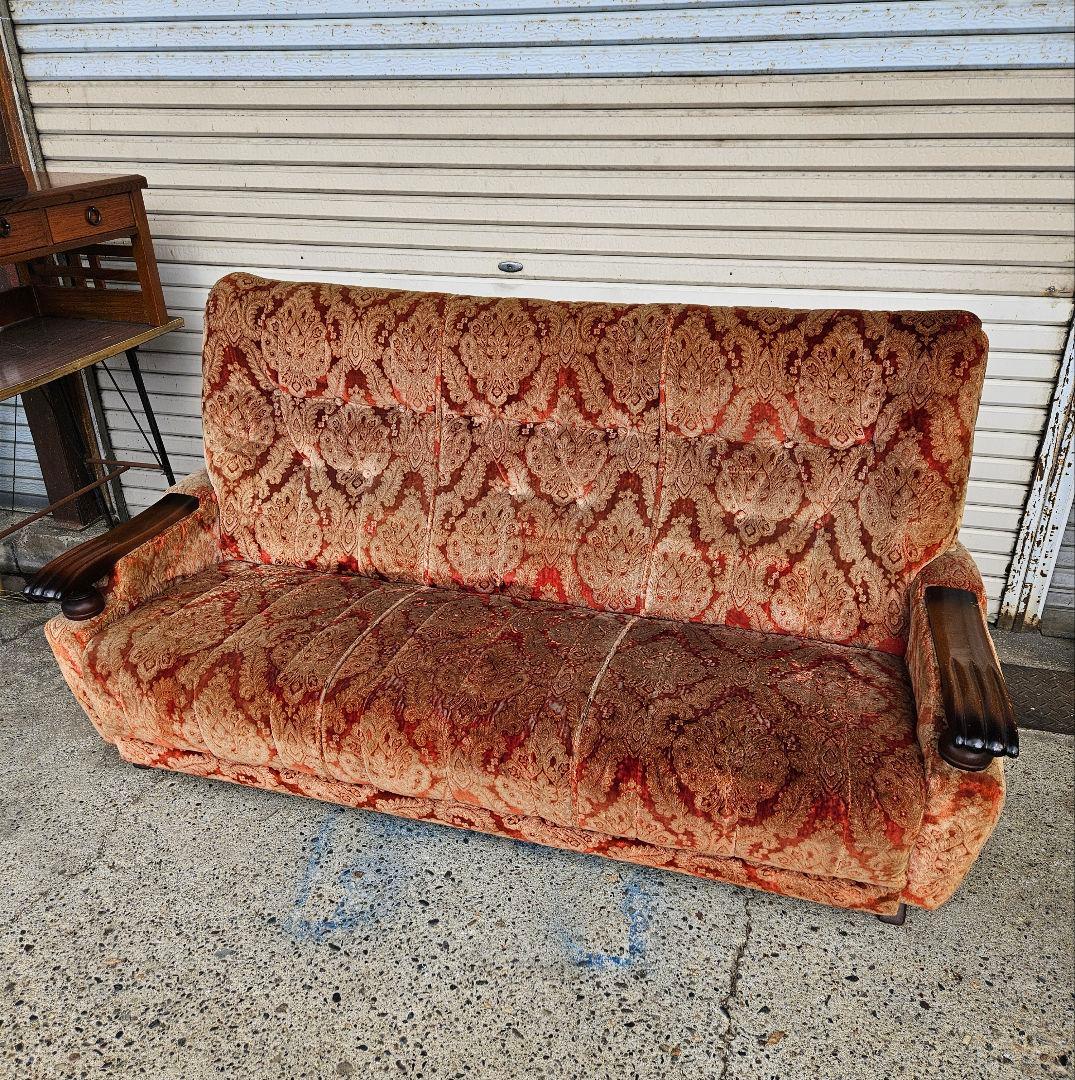 ヴィンテージ モケット 3人掛けソファ ベロア 総柄 長椅子 レトロ
