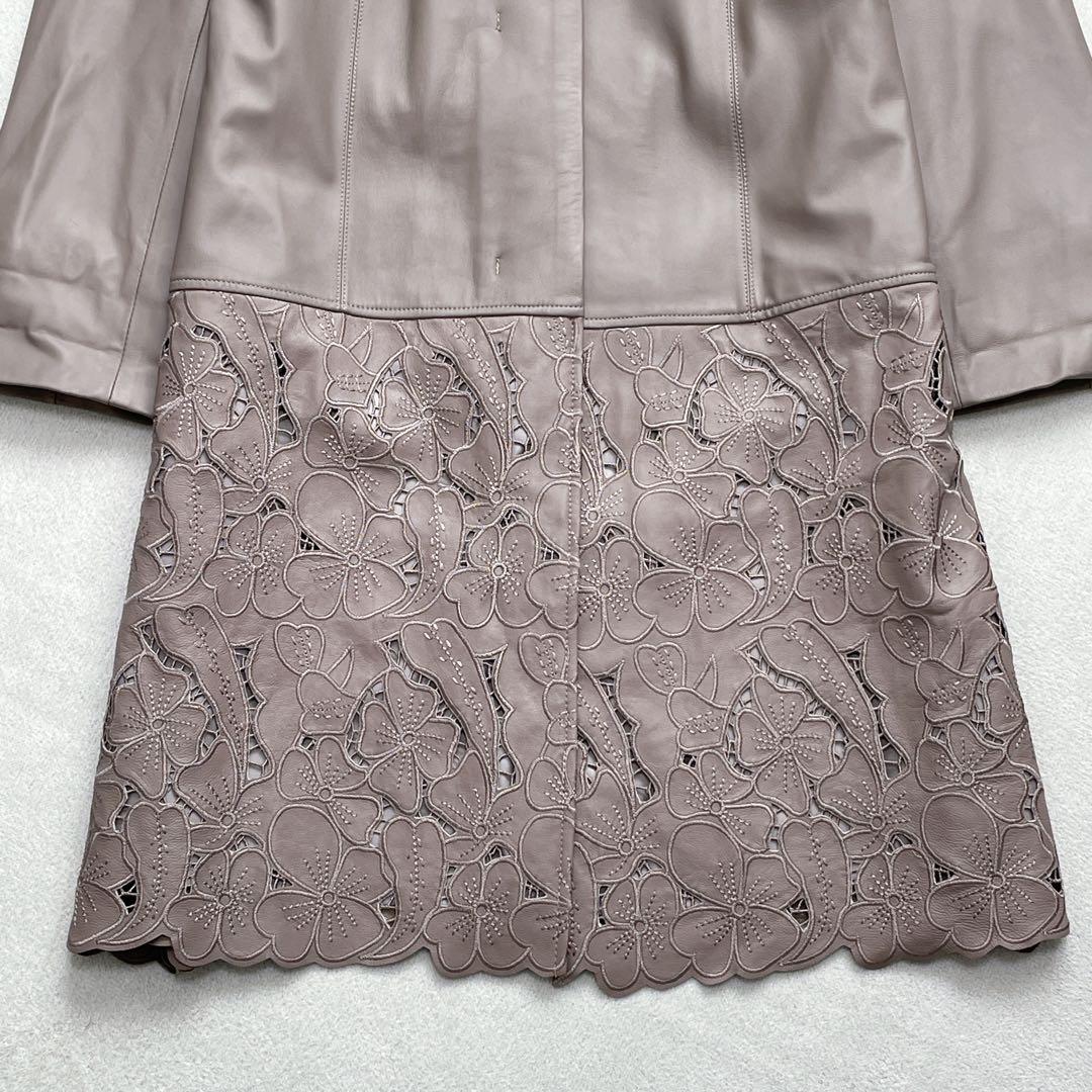 ノーカラーラムレザーコート LL 花柄刺繍 スカラップ 大きいサイズ 比翼ボタン