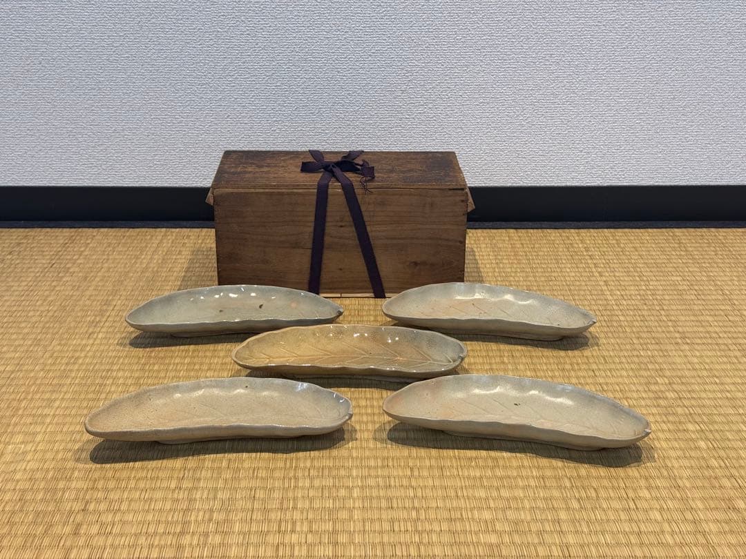萩焼 ゆずり葉形 向付 5客 江戸期 箱付 和食器 懐石料理道具