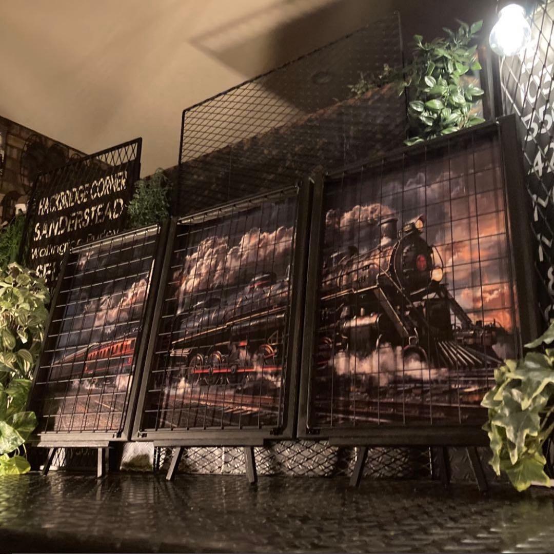 インダストリアル　アイアンフェンス付きウッドアートパネル　蒸気機関車SL