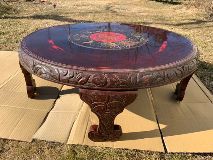 丸テーブル　ちゃぶ台　中国座卓　円卓　彫り　アンティーク　昭和レトロ