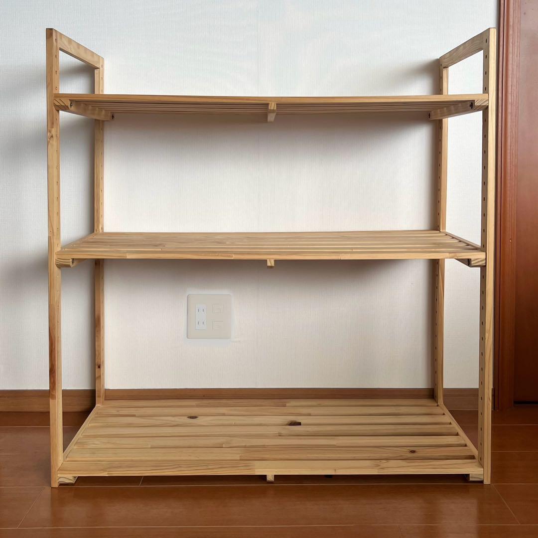 パイン材 3段すのこウッドシェルフ＋山善 折り畳みキッチンワゴン YFW-68