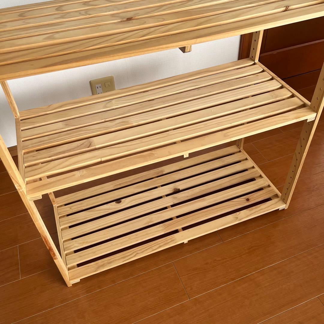 パイン材 3段すのこウッドシェルフ＋山善 折り畳みキッチンワゴン YFW-68