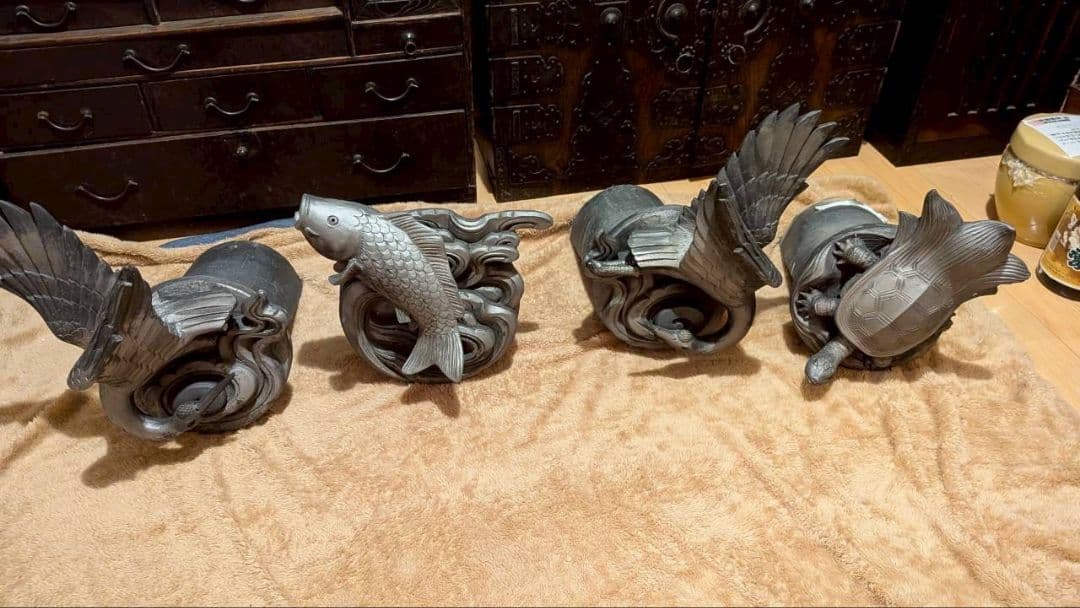 お*ん様 鬼瓦 棟飾り 飾り瓦 超希少品！鶴2羽、亀、鯉の 4点セット 縁起物