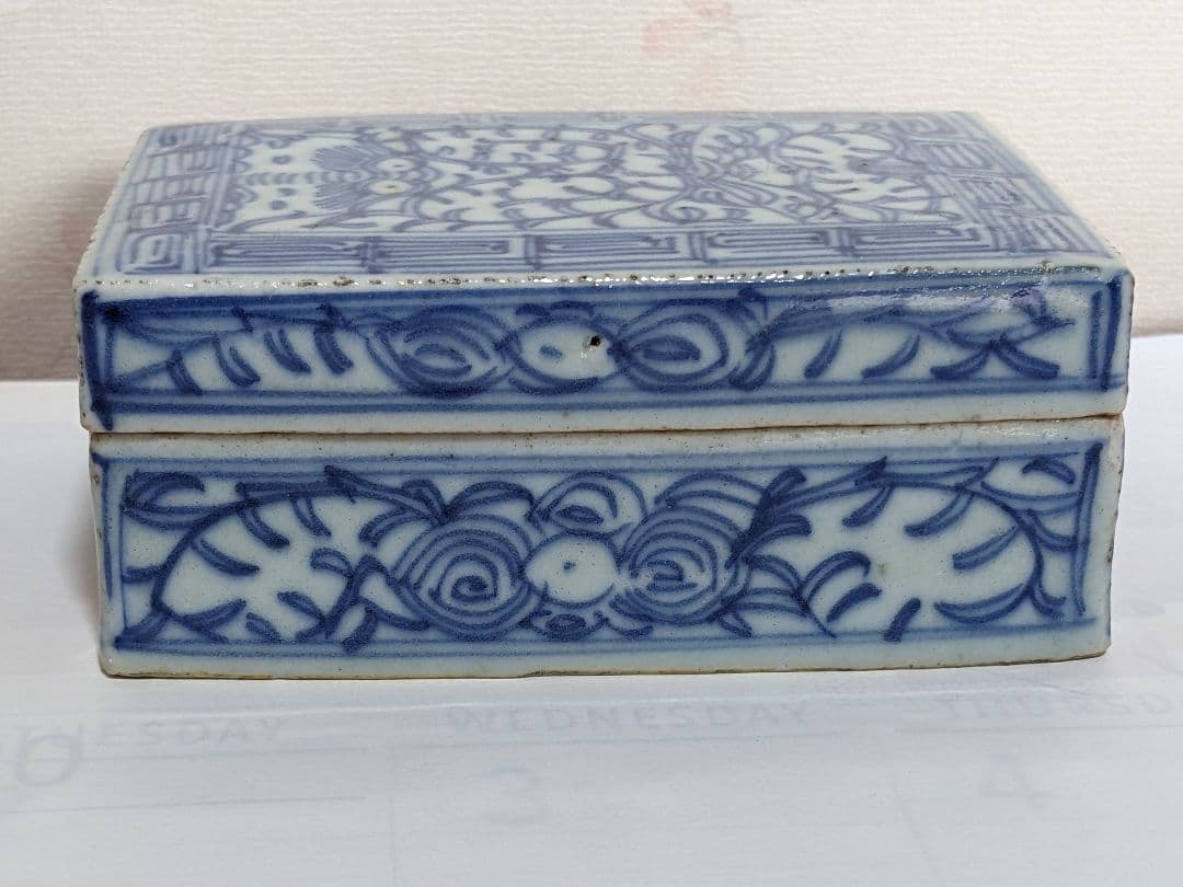 ♦中国古陶磁 青花 長方形印盒 盒子 染付 印泥入 古玩 古美術品 骨董品