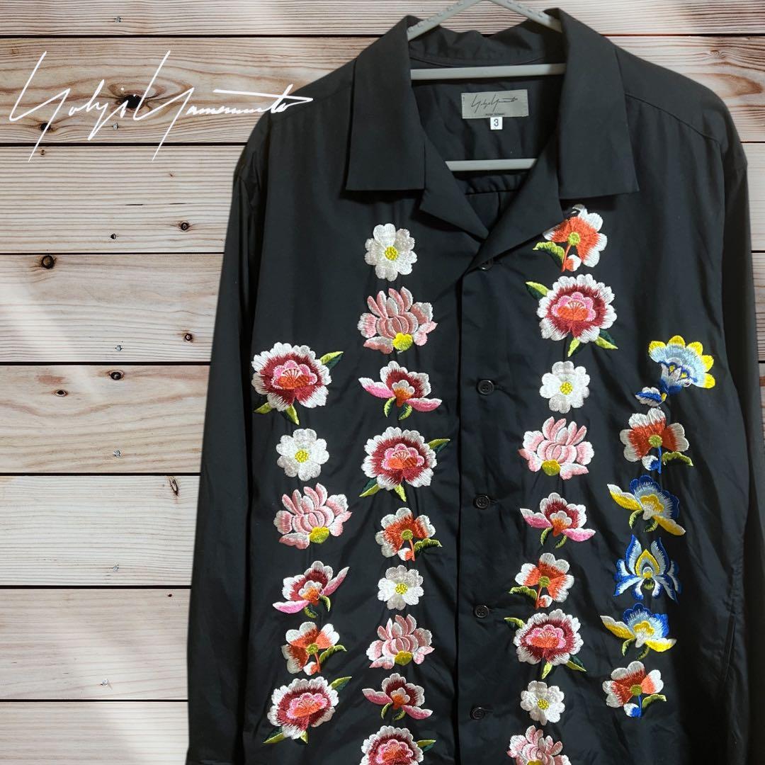 ヨウジヤマモト 花柄刺繍 オープンカラー長袖シャツ