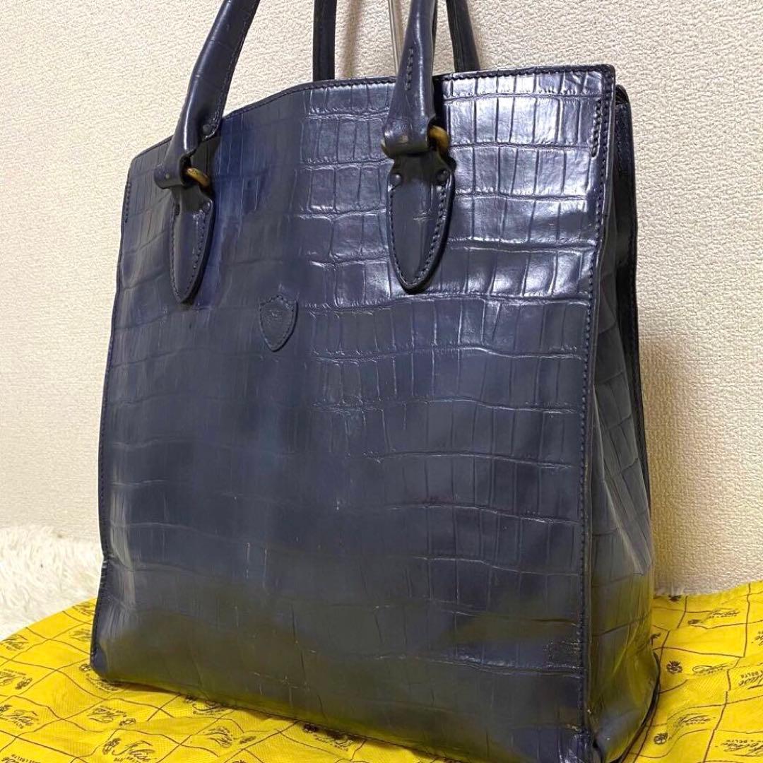 【極希少✨】Felisi クロコ型押し スクエア トートバッグ 保存袋 ネイビー