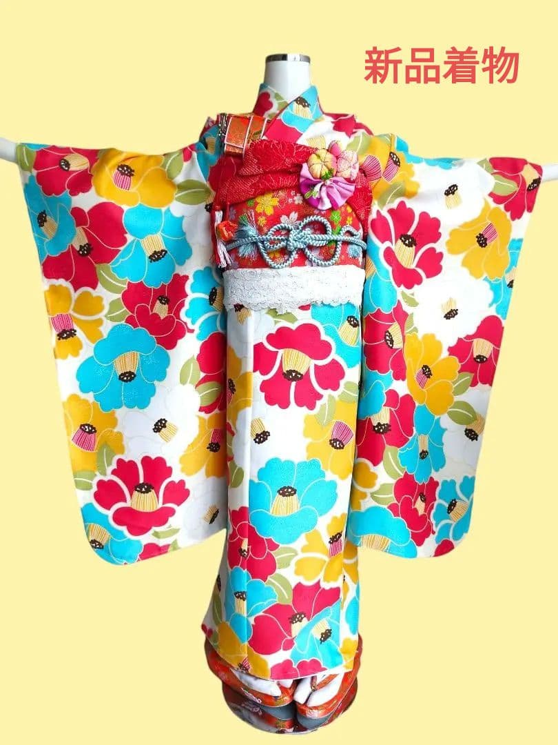 専用です☆新品☆ポップな大きな椿の着物と作り帯☆フルセット七五三