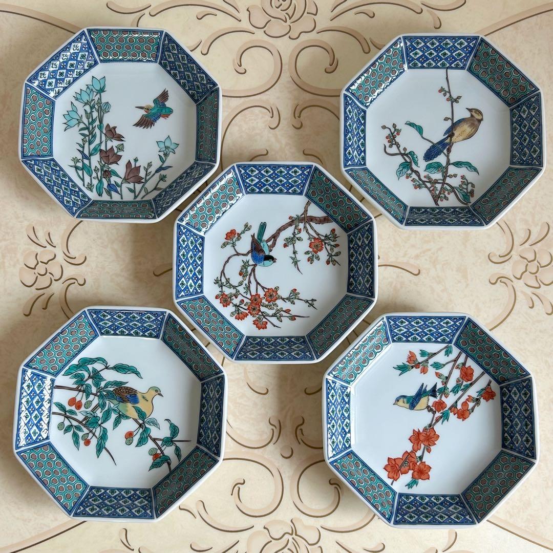 九谷焼　青郊窯　絵変わり　中皿揃　５枚セット　色絵　花鳥図　八角皿　和食器　和柄