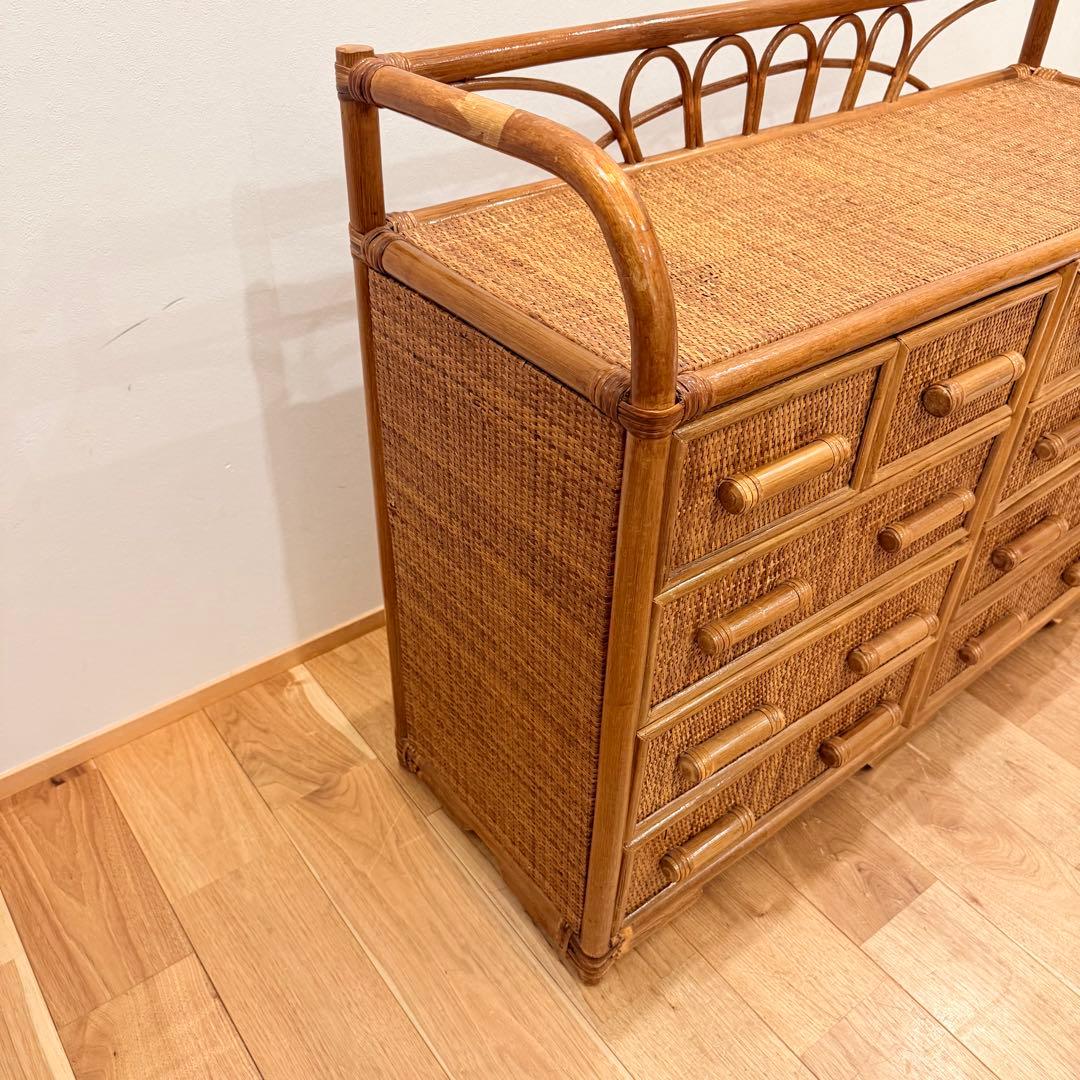 アンティーク ラタン 籐 ワイド ローチェスト 棚 10杯 テレビ台 昭和レトロ