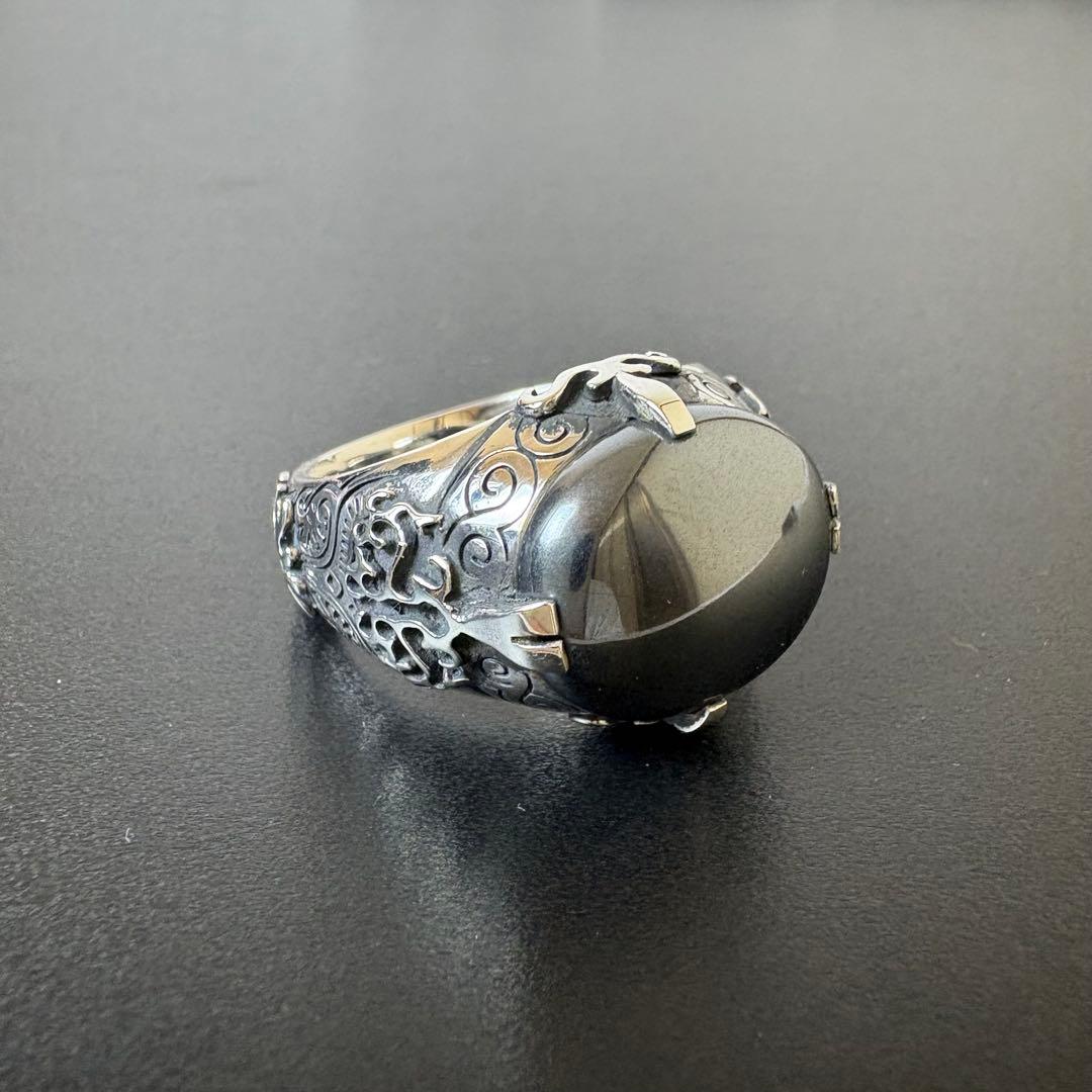 彫銀　ヘマタイトリング　シルバーリング　約22号　装飾　レア