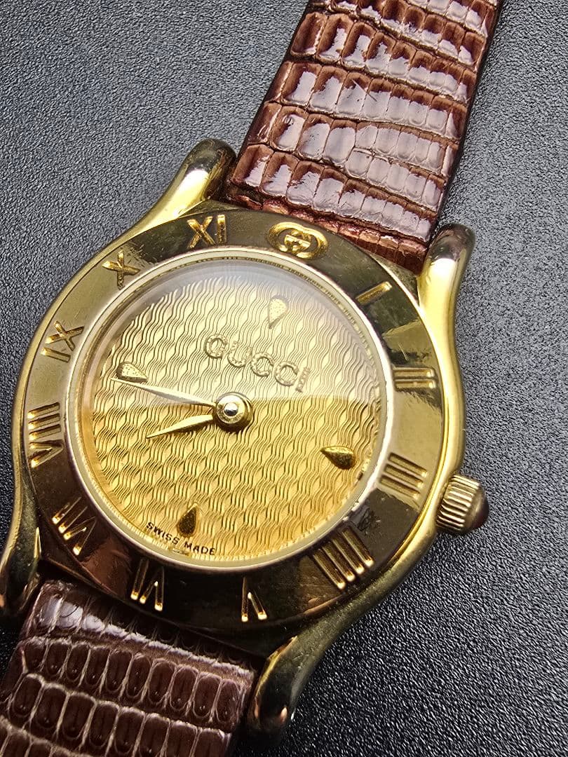 分解掃除 新品ベルト交換済 6500P Gucci ゴールド ブラウンレザー