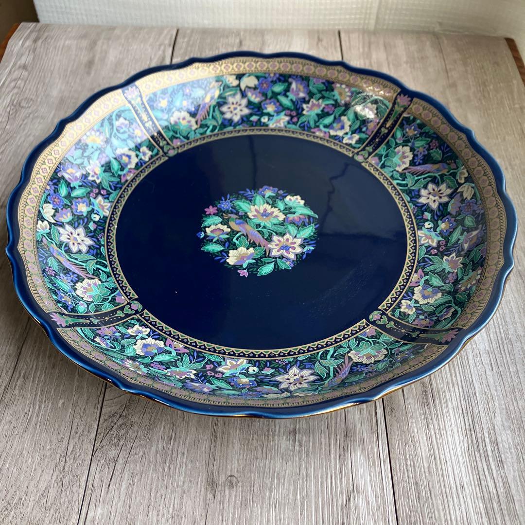 3F 【極美品】大皿 飾皿 紺地 金彩 鳳凰 花鳥図 和モダン 豪華