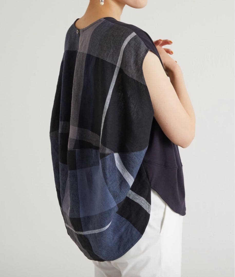 【極美品】BEARDSLEY リネンビッグチェックカットソー　ネイビー