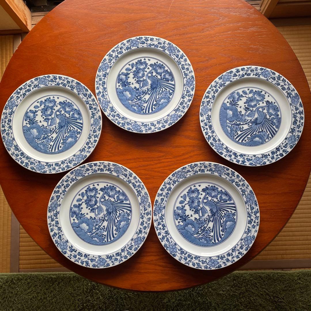有田焼　源右衛門窯　染付孔雀絵 　大皿5客揃