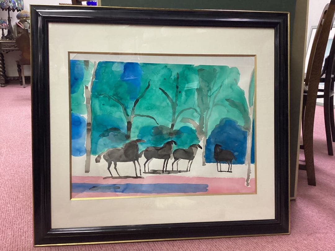 ギアマン作水彩画　タイトル「昼下がりの馬　サイズ額縁込み85cm✖️75cm