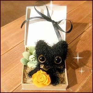 プリザーブドフラワーオレンジ＆黒ネコ　フラワーギフト　 ローズの香り