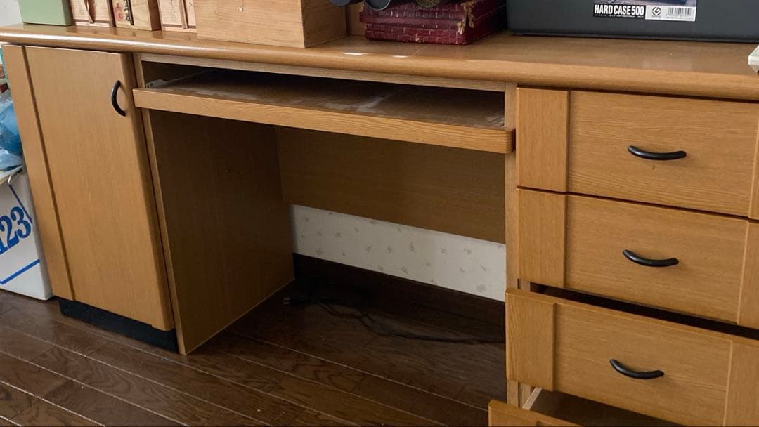 木製 L字型パソコンデスク 引き出し4段　　開き戸棚一個