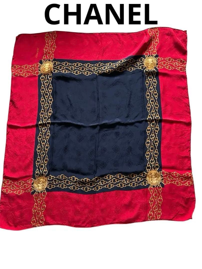 CHANEL スカーフ 赤 ネイビー