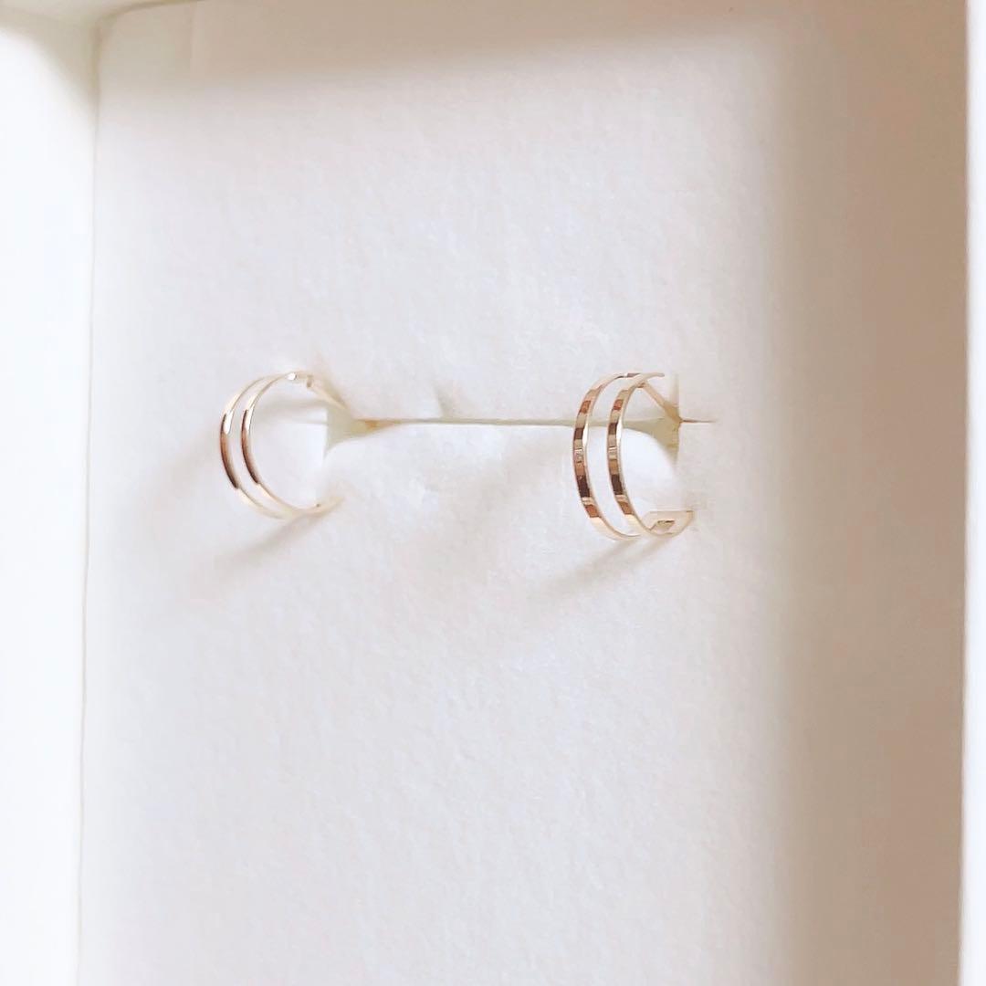 【新品】K10YG 2連風 フープピアス スタッドピアス ダブルロックキャッチ