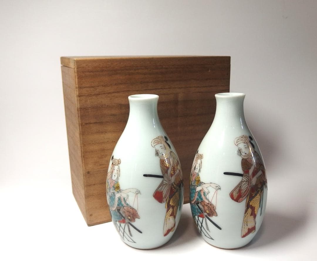 篠尾旭豊作/九谷色絵元禄美人図徳利一対/共箱/師初代秋塘