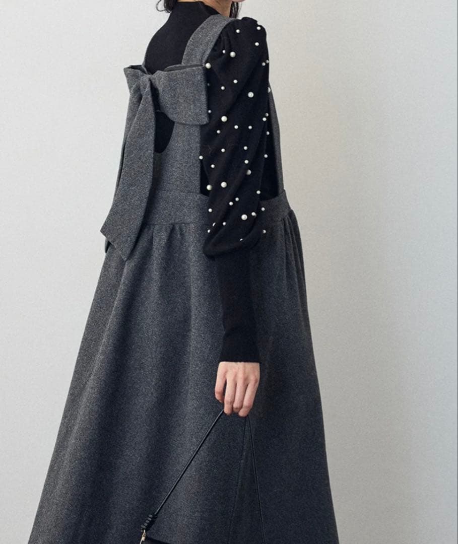 Freneパフスリーブランダムパールニット +前後2wayバックリボンジャンスカ