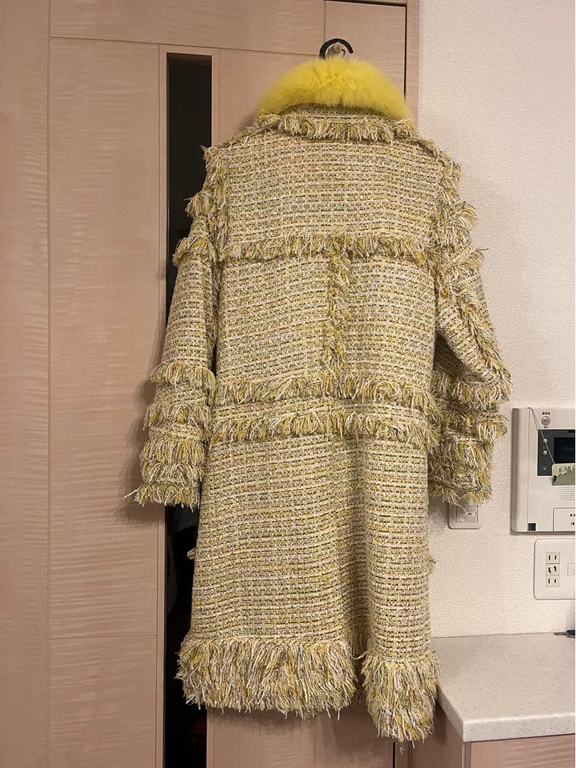 アドニシス/イエロー ツイードコート ファー襟付き