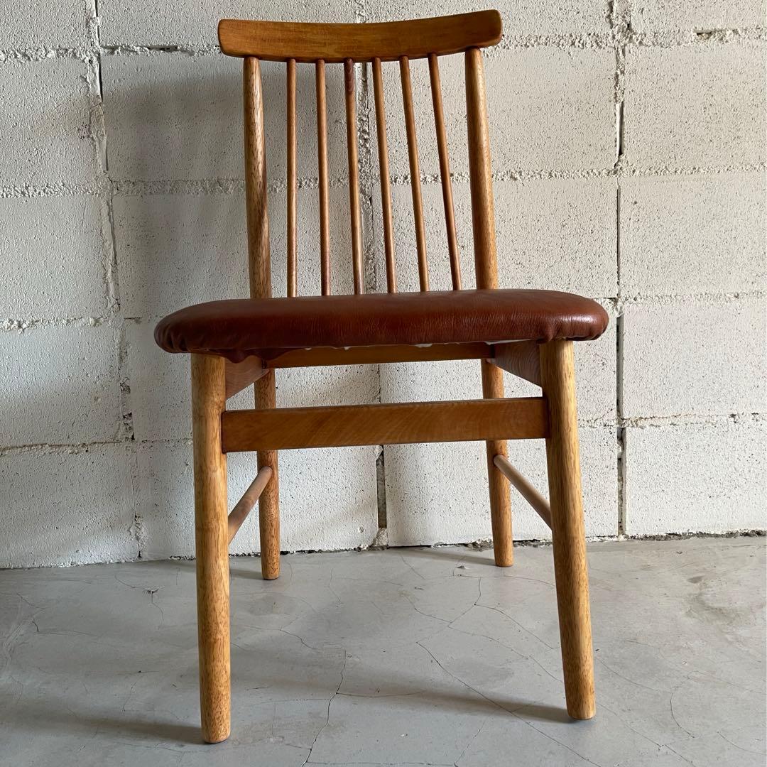 IKEDA 池田木工　ダイニングチェア　本革シボレザー張　昭和レトロ　天然木無垢