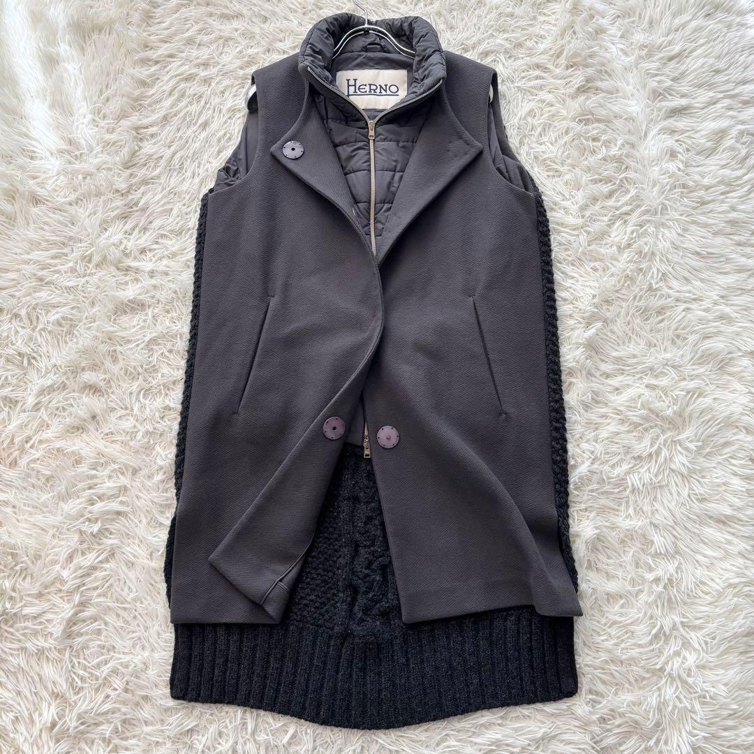 美品✨ ヘルノ ダウンベスト 異素材 ケーブル ダブルジップ ウールニット 中綿