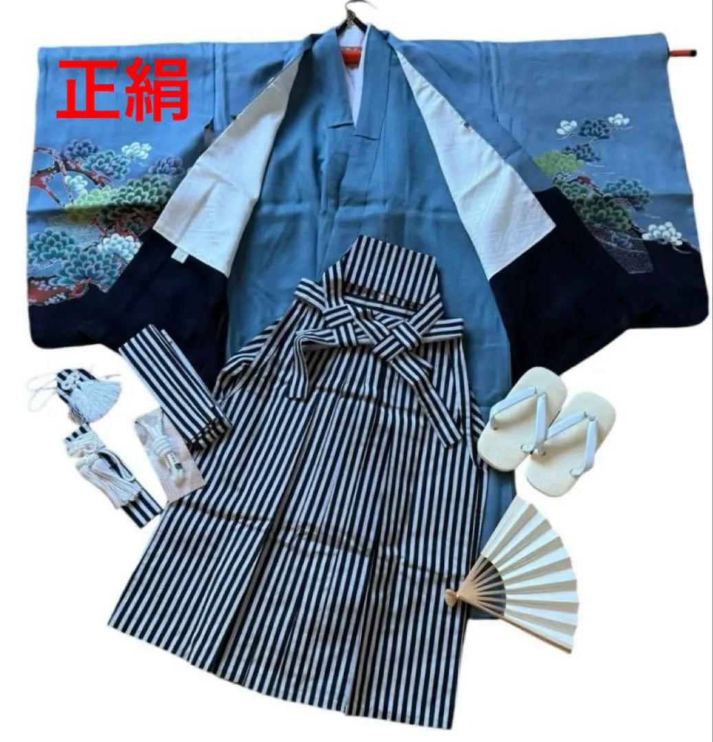 七五三、お正月に　男の子　着物、袴セット　正絹　青みがかったグレー×鷹