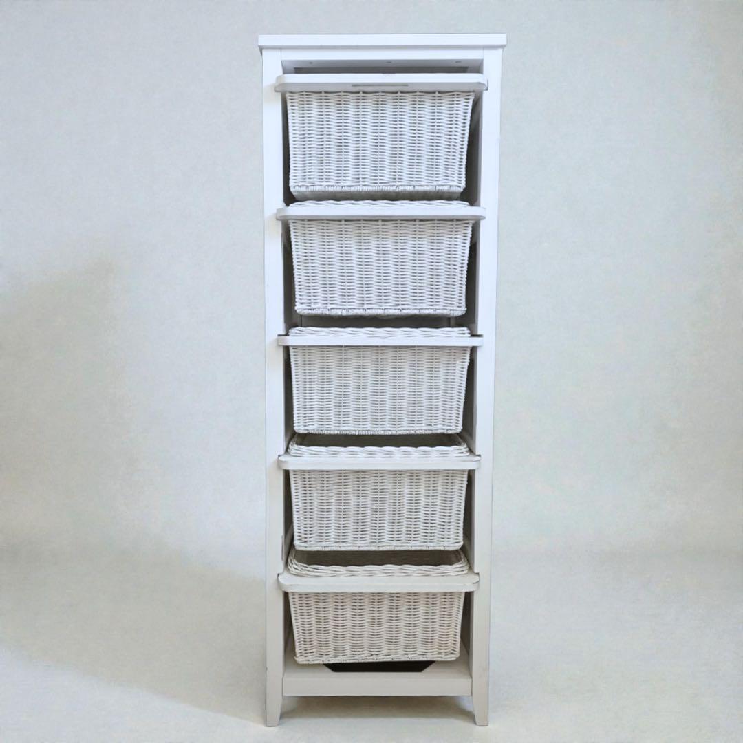藤　ホワイトチェスト　タンス　5段引き出し　収納　ラタン　フレンチカントリー