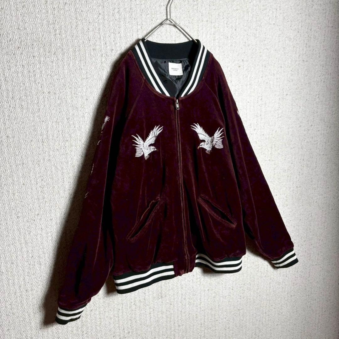 【別珍】スカジャン　ベロア　ジャケット　袖刺繍　日本地図　富士山　鷹　龍　L