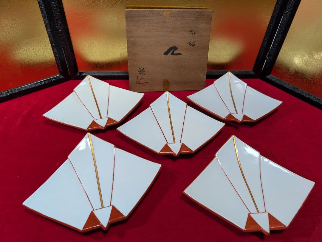 京焼　清水焼　盛皿　向付　 懐石 　脚付　折鶴　共箱入 禎山窯　川尻一寛