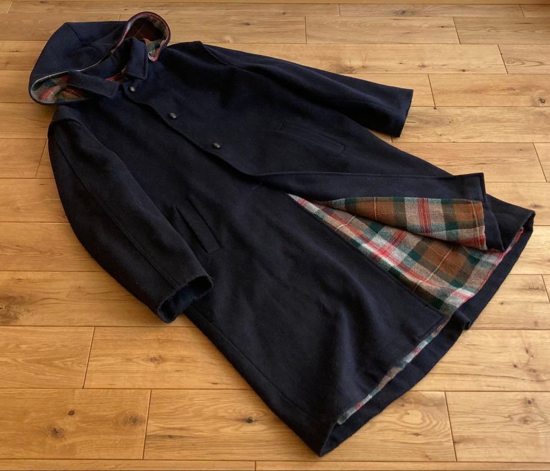 イタリア製 ビンテージ ウールメルトン 2way フーディー ロングコート 紺