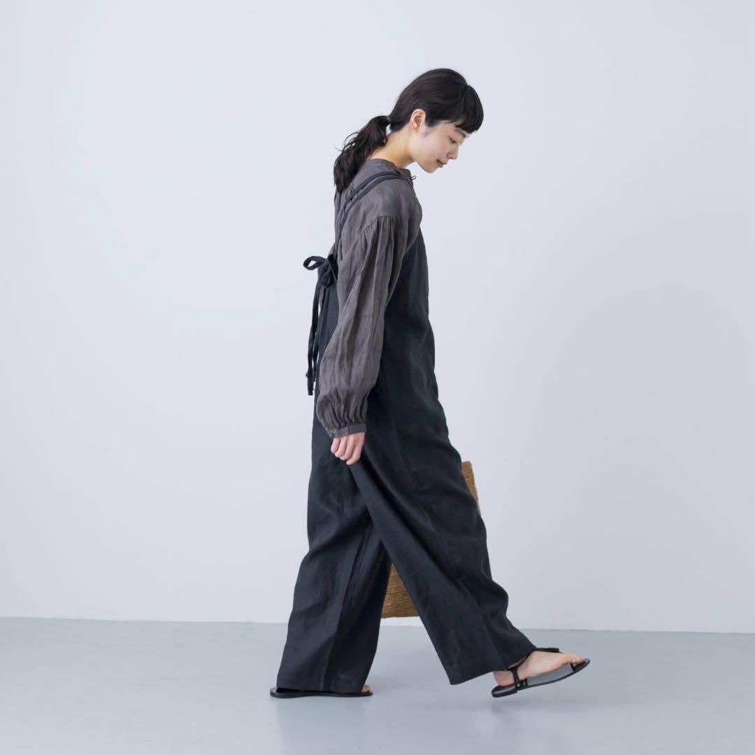 【25ss】かぐれ リネンサロペット【F】黒 後ろリボン 麻100%