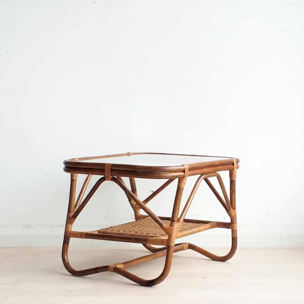ビンテージ ラタンのコーヒーテーブル ガラス天板 籐 レトロ ZR24200