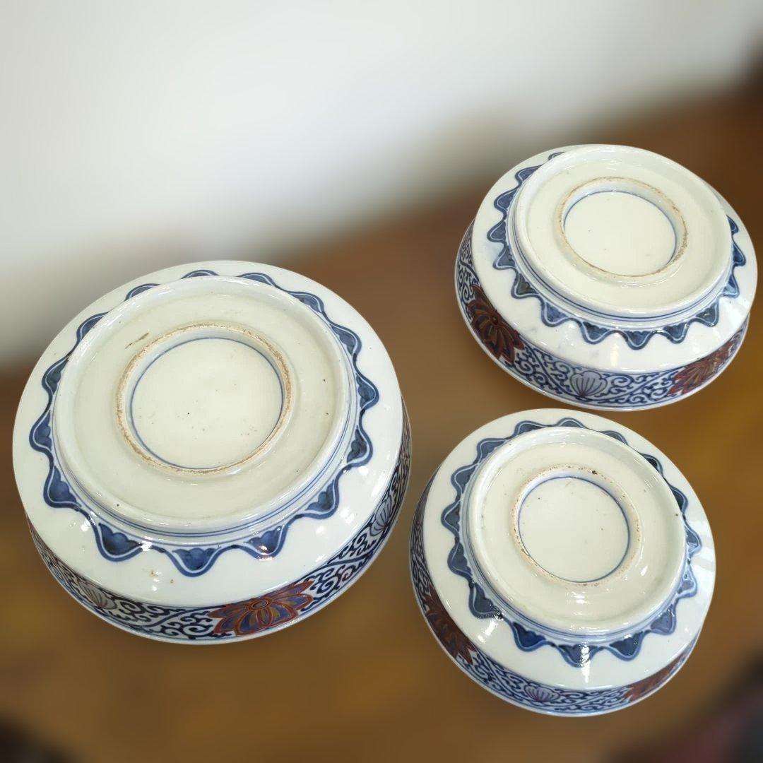骨董　古伊万里　染錦　三っ丼　大中小　3つ　美品　鉢　器　錦出