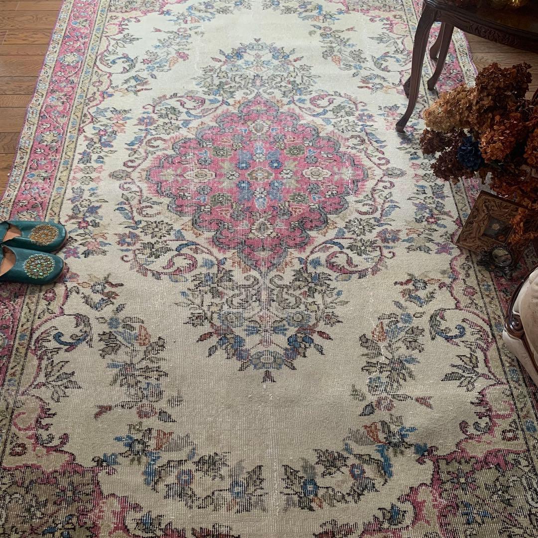 超超大判　特大　275×164 トルコヴィンテージラグ　ピンク　メダリオン