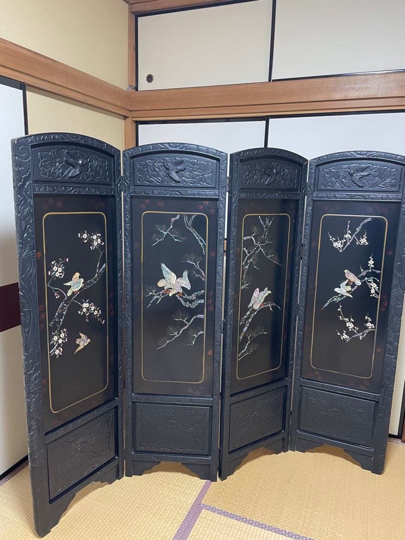 螺鈿細工 四曲屏風 大型 木製 アンティーク 和家具 インテリア