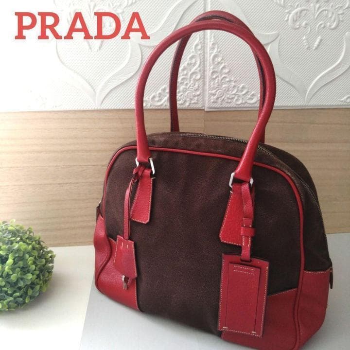PRADA プラダ　ミニボストンバッグ レッド　ブラウン　レザー キャンバス