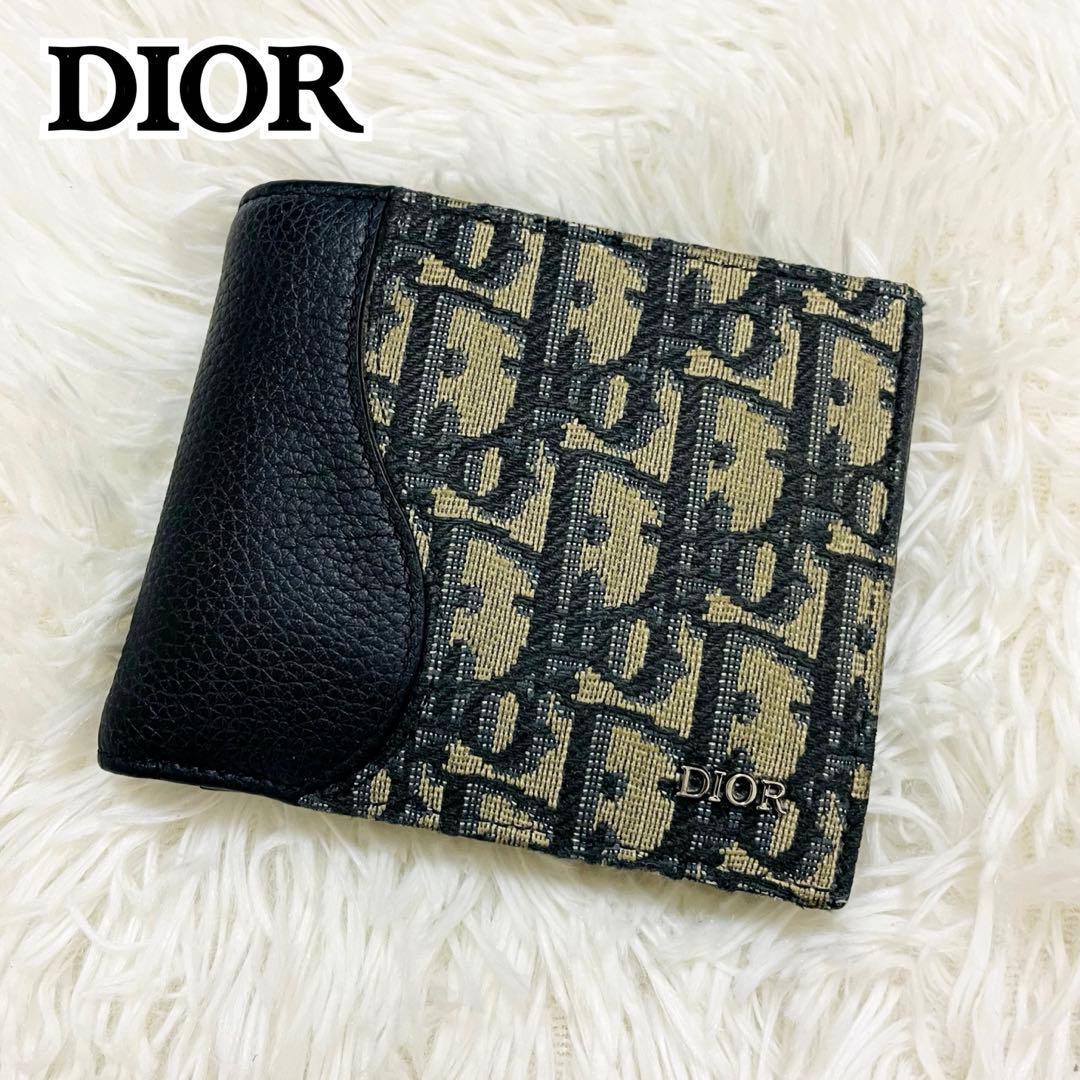 極美✨ディオール 二つ折り財布 レザー オブリーク レザー ブラック 現行 新作