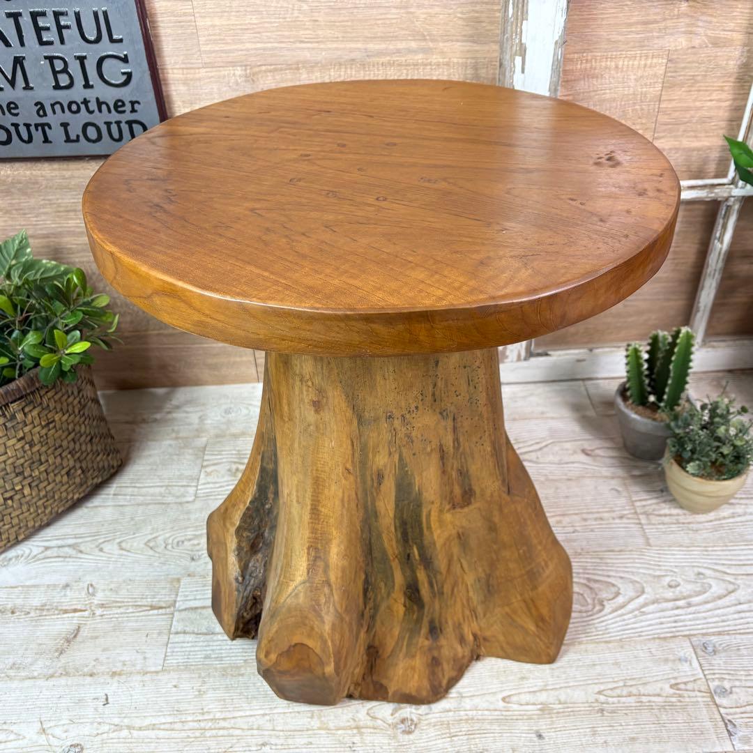 新商品入荷オールドチーク天然無垢丸太花台L（50㎝×51㎝）サイドテーブル飾り台