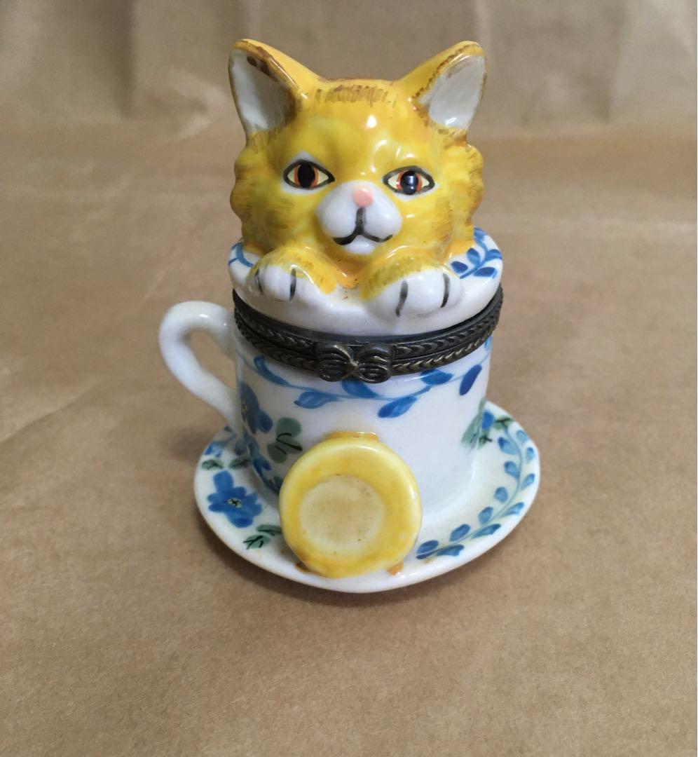 catのポットvintage 置物陶器 子猫ティーカップ小物入れアクセサリー入れ